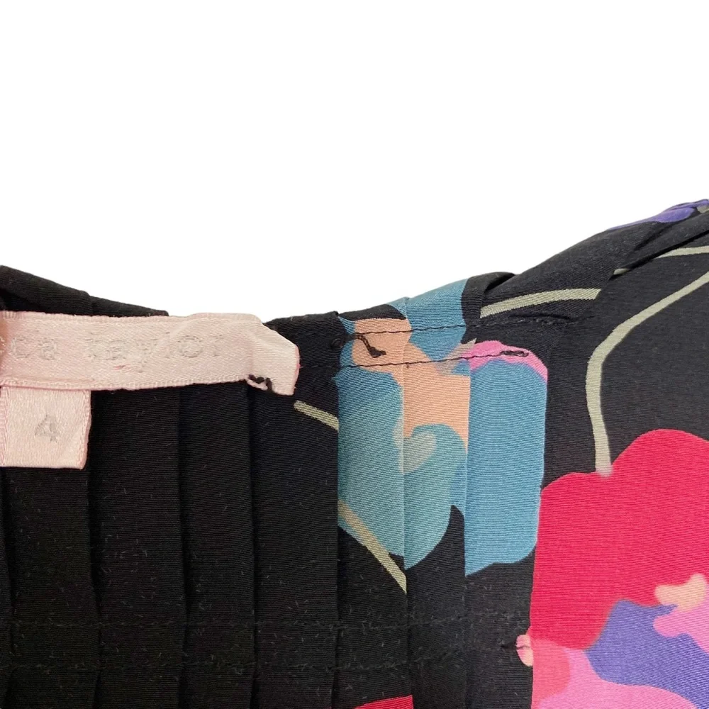 Rebecca Taylor Silk Black Floral Smocked Pleated Blouse Top 4 - Picture 4 of 8